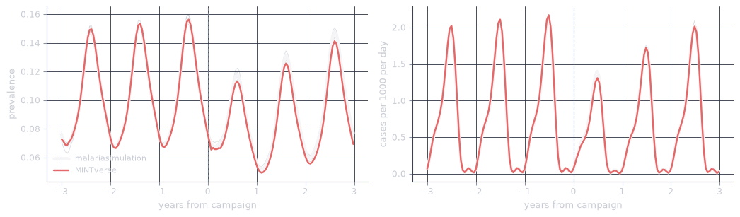 Two panels, prevalence and clinical cases over seven years, both oscillating sharply with the season. The red MINTverse prediction lies on top of the white simulator average throughout, before and after the campaign at year zero.